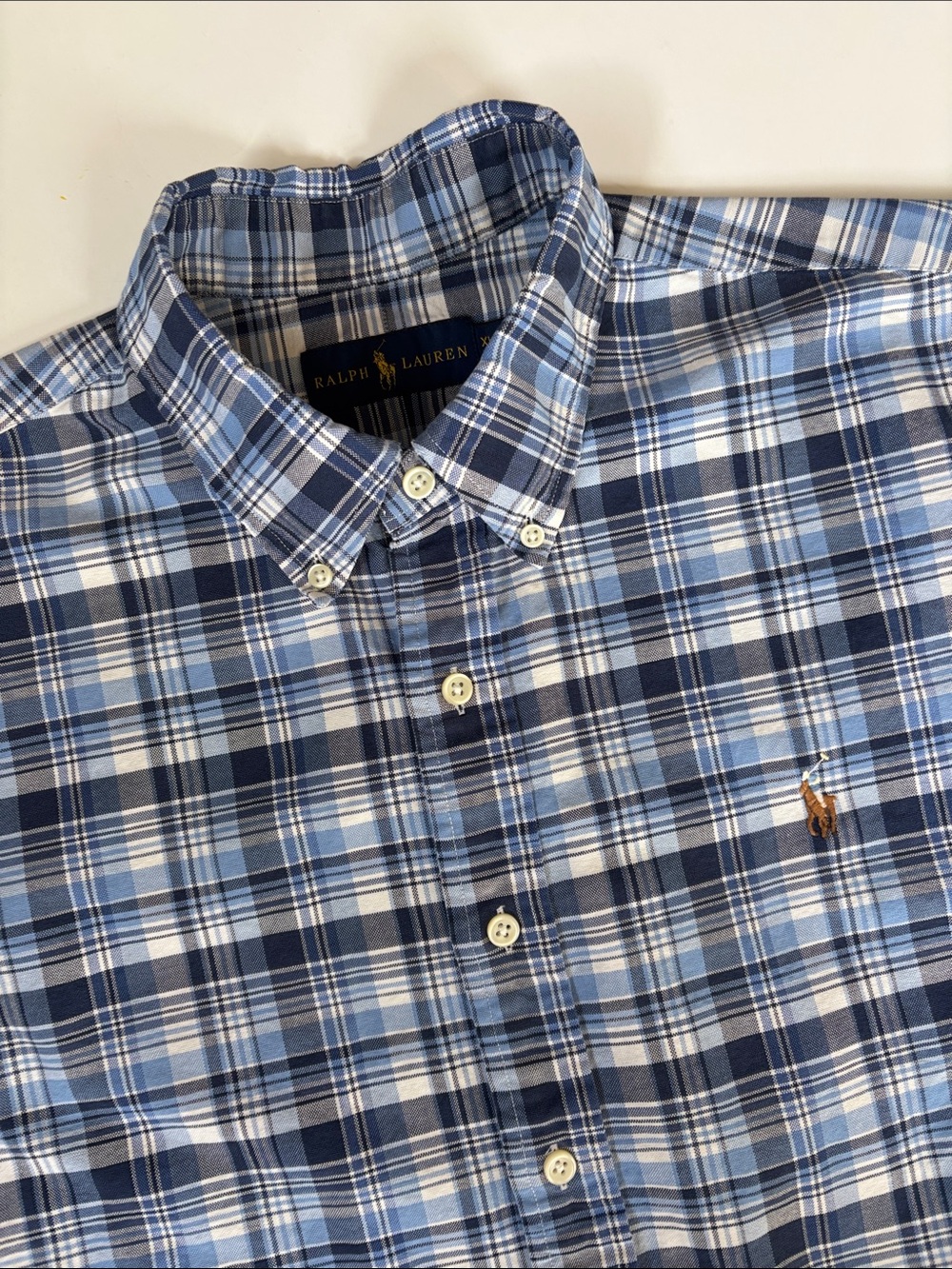 Ralph Lauren Blue Plaid Short Sleeve Button Shirt Preppy Mens Size XL Vintage